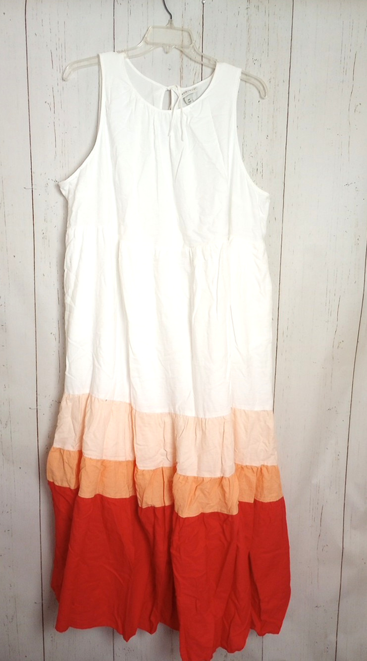 AVA & VIV Women Dress 2X White Orange Red Colorblock Maxi Tiered Sleeveless
